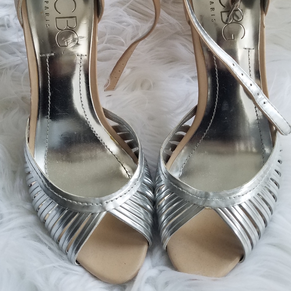Silver/tan open toe heels